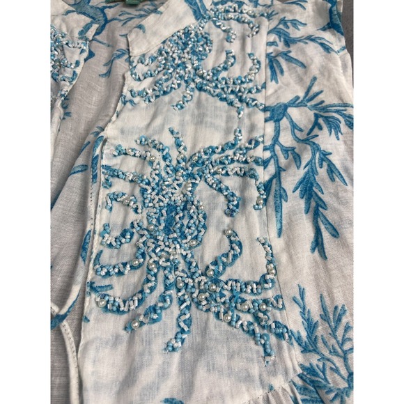 Antica Sartoria Dress XL White Blue Coral Beaded Cotton Beach Coastal Tassels - Picture 10 of 12